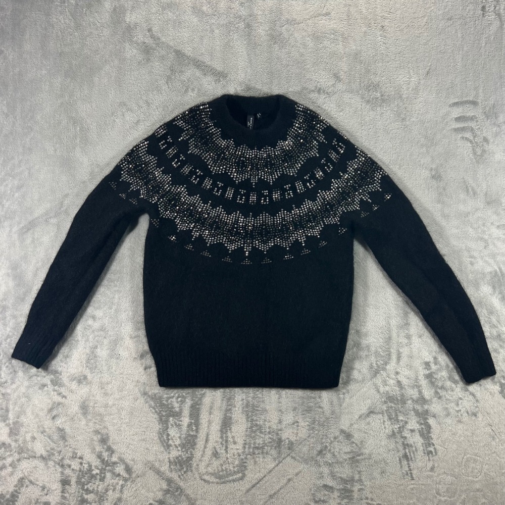 MARCIANO by GUESS Sweater Womens Medium Black Rhinestone Yoke Wool Mix Cozy Chic